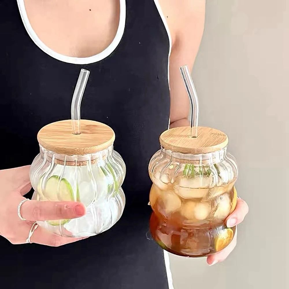 Drinking Glasses with Bamboo Lids and Glass Straw Iced Coffee Glasses Cute Tumbler Cups for Soda Juice Boba Drinks Bar Cafe