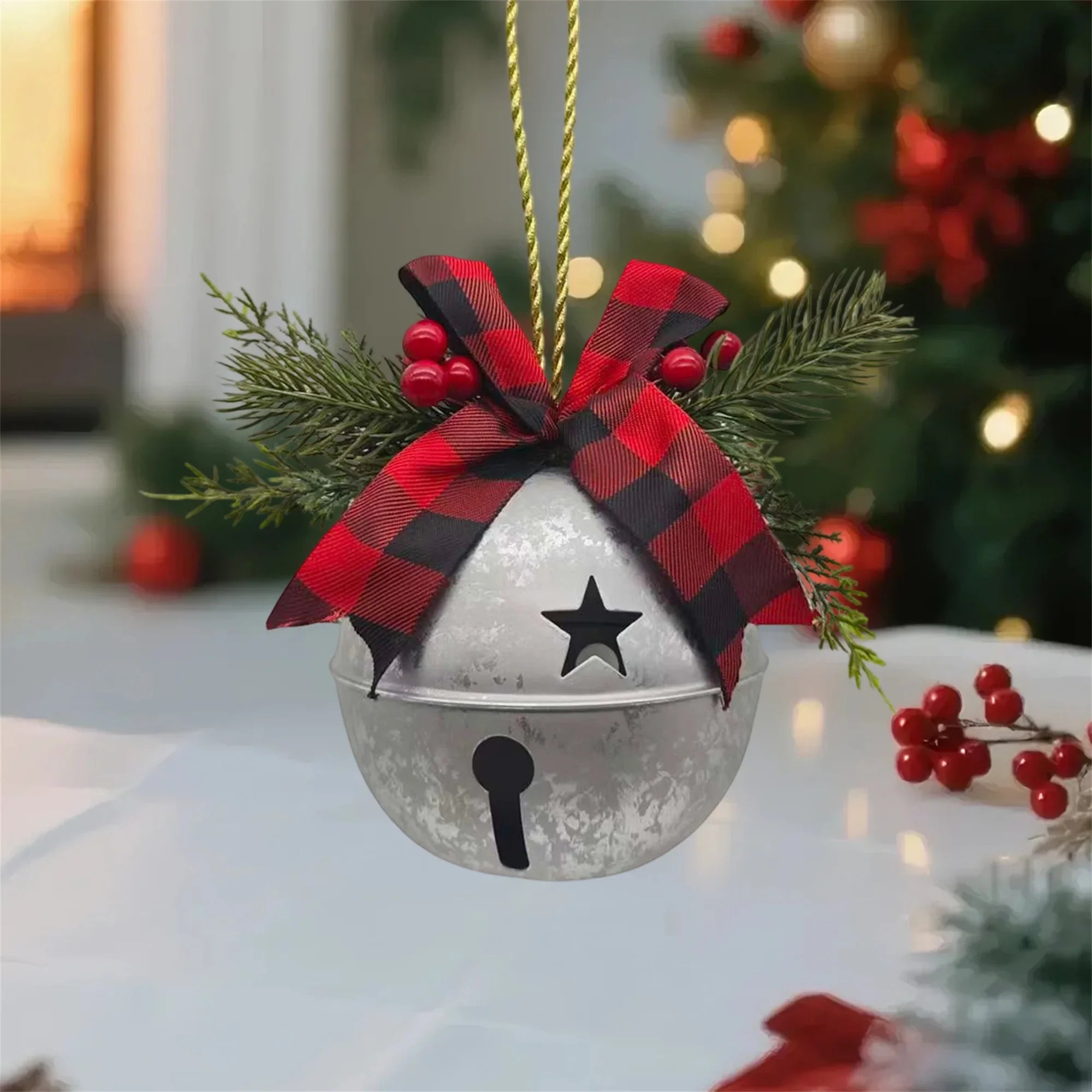 Giant Christmas bell ornaments with ribbons, Christmas tree hanging bell balls, for festive winter farm style decoration.