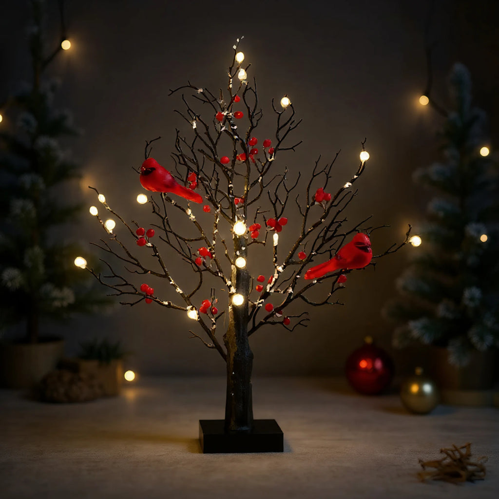 Vintage Glowing Tree with Cardinals Red Bird