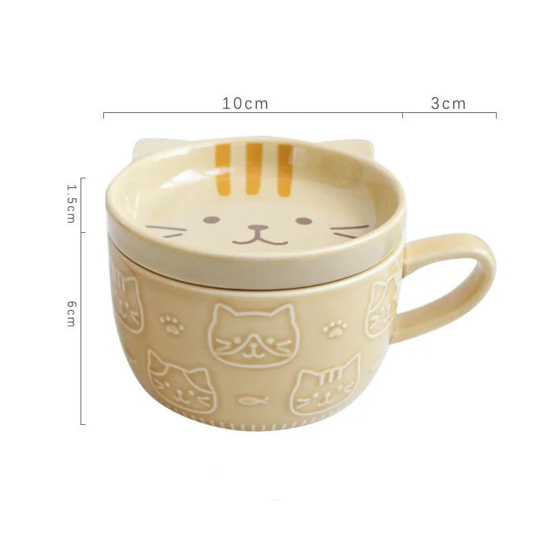 Japanese Cartoon Cat With Cover Coffee Cup Cute Breakfast Cup Creative Coffee Cup Milk Cup Couple Water Cup With Lid