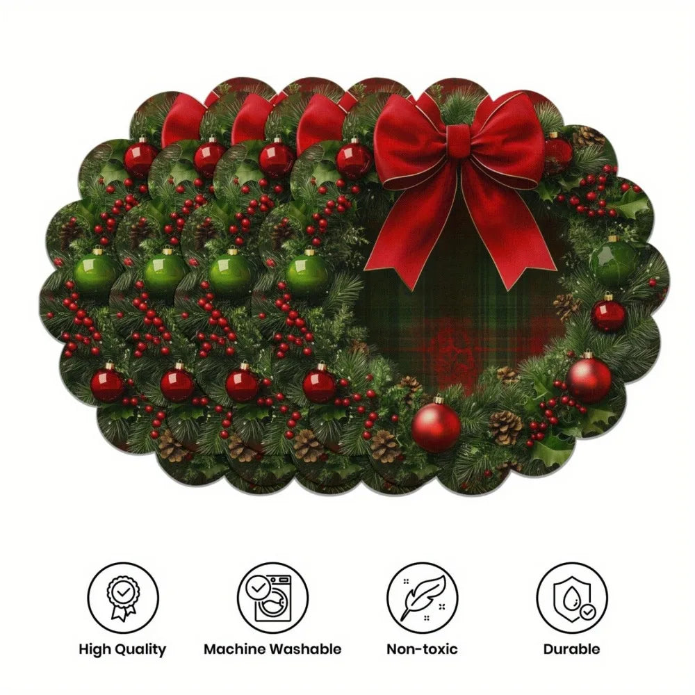 4PCS Christmas Circular Waves Placemats Non Slip Heat Resistant Table Mats Winter Dining Party Christmas Decor Round Tablecloth