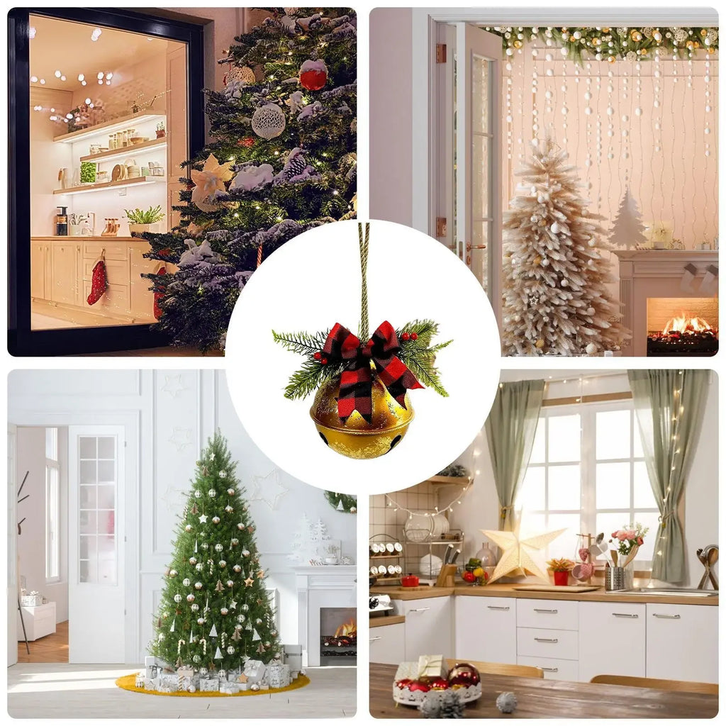 Giant Christmas bell ornaments with ribbons, Christmas tree hanging bell balls, for festive winter farm style decoration.