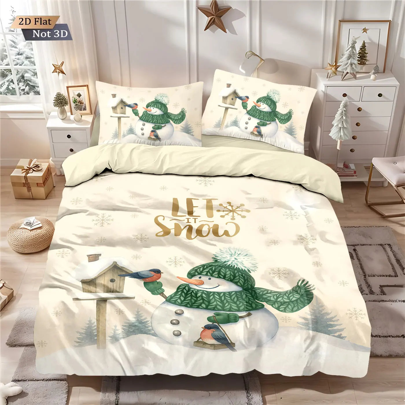 3pcs Merry Christmas cartoon snowman printed coreless down comforter set, multi size bedroom bedding decoration machine washable