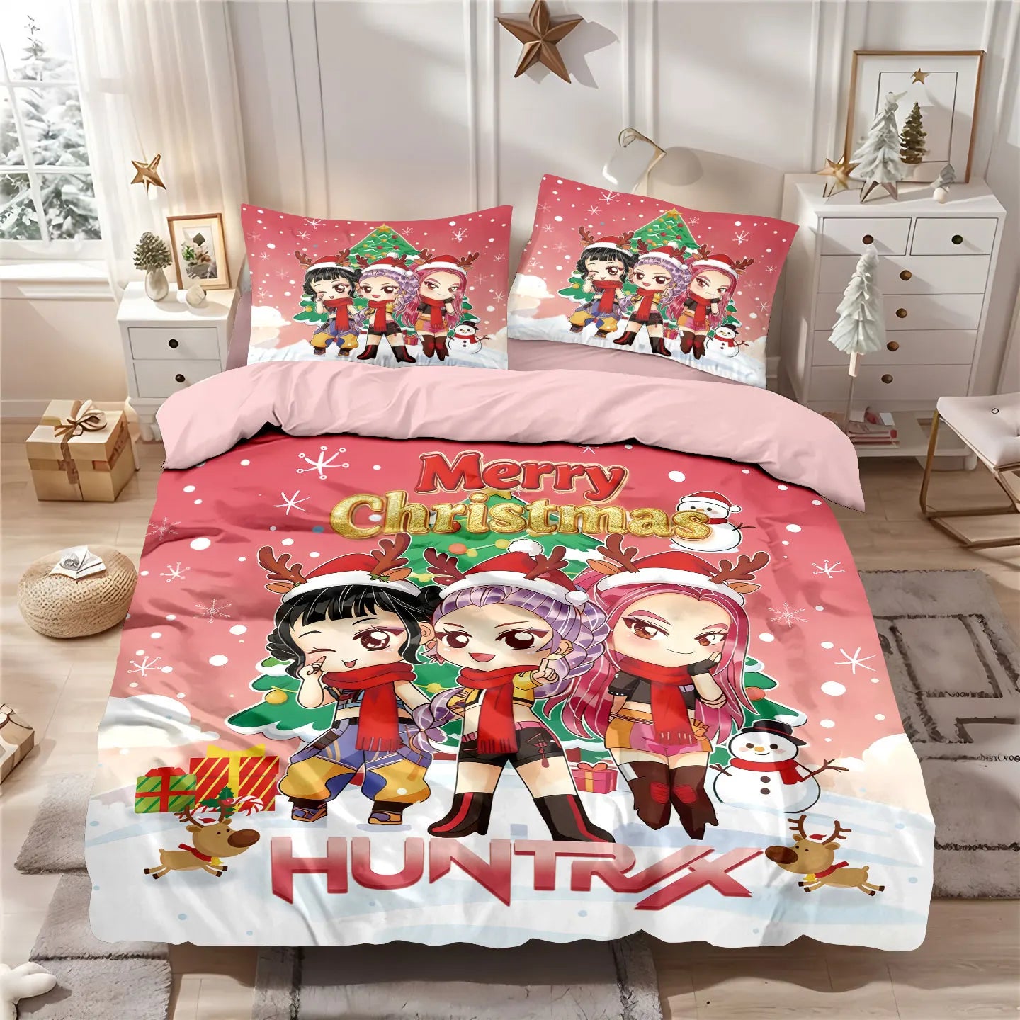 3pcs K-Pop Demon Hunters Merry Christmas Printed Chipless Quilt Set Bedroom Dormitory Machine Washable