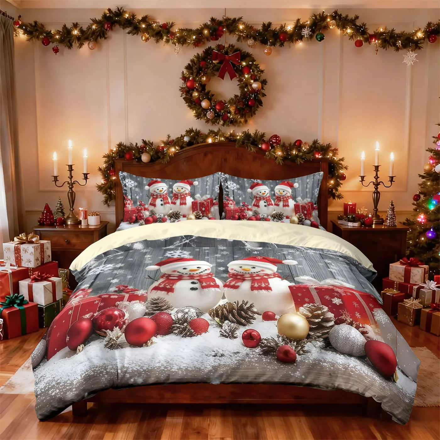 3pcs Merry Christmas snowman print coreless down comforter set multi size bedroom bedding holiday decoration machine washable
