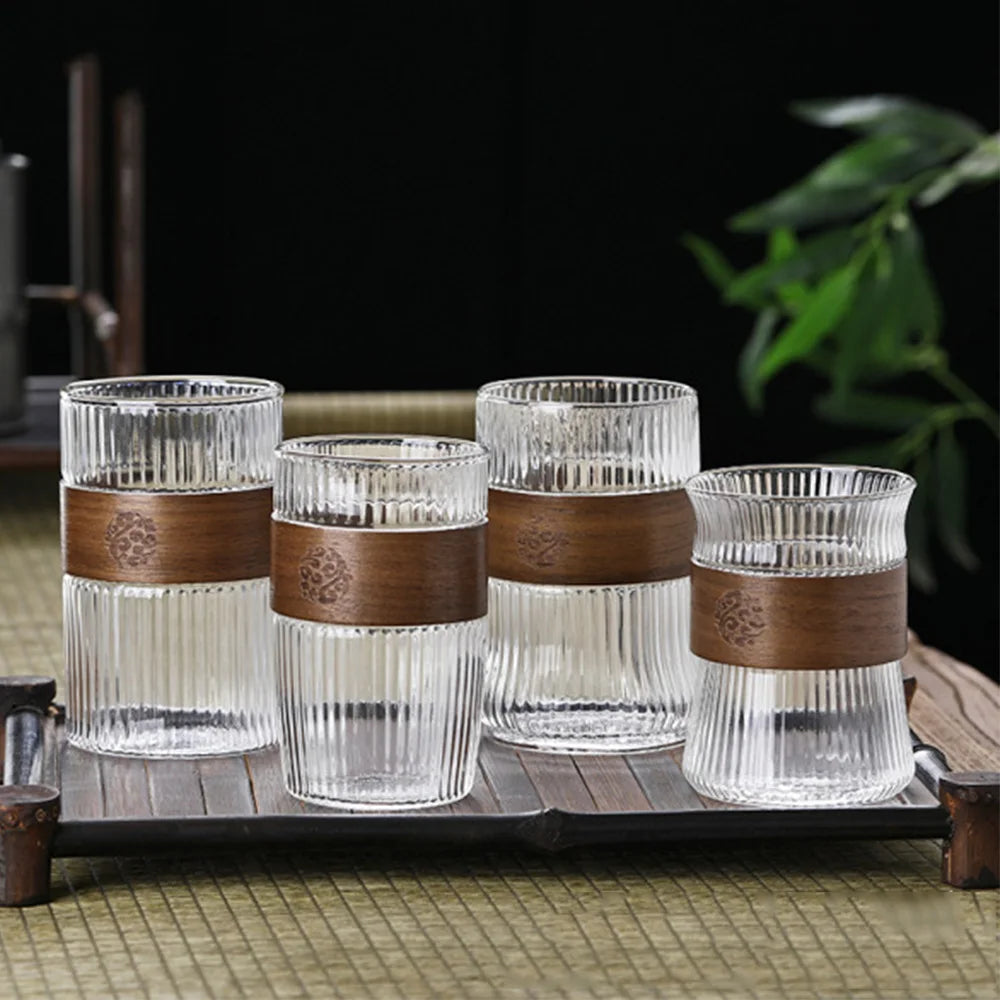 400ML Glass Water Cup with Walnut Cup Sleeve Coffee Milk Tea Cup Simple Striped Beer Mug Drinkware Coffeeware
