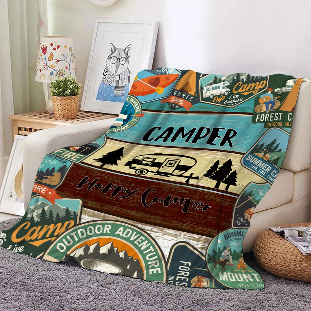 1PC Camper and Forest Pattern Printed Blanket, Suitable for Sofas, Beds, Offices, Travel, Camping Chairs, Warm Plush Blanket