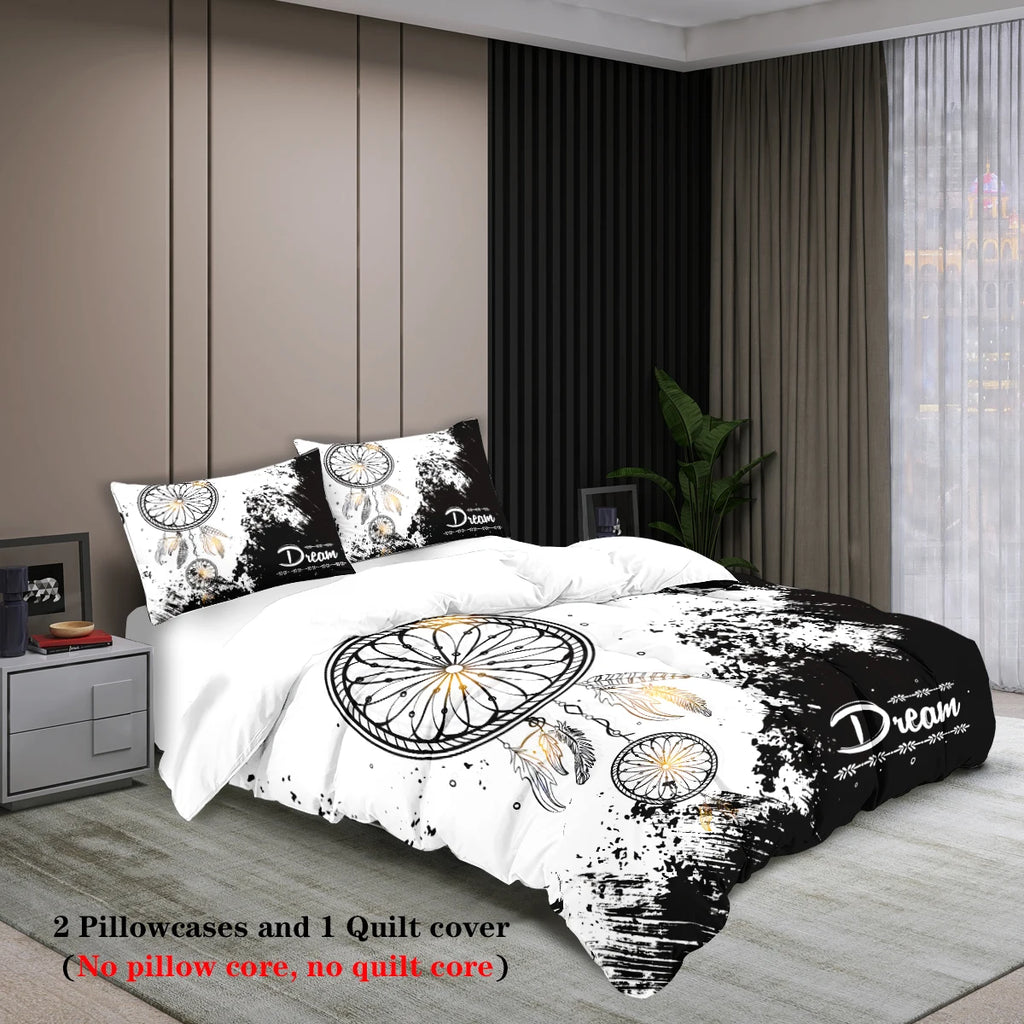3-piece set, black and white dream catcher pattern printed bedding set, queen, king, double bed, for bedroom, guestroom, hotel
