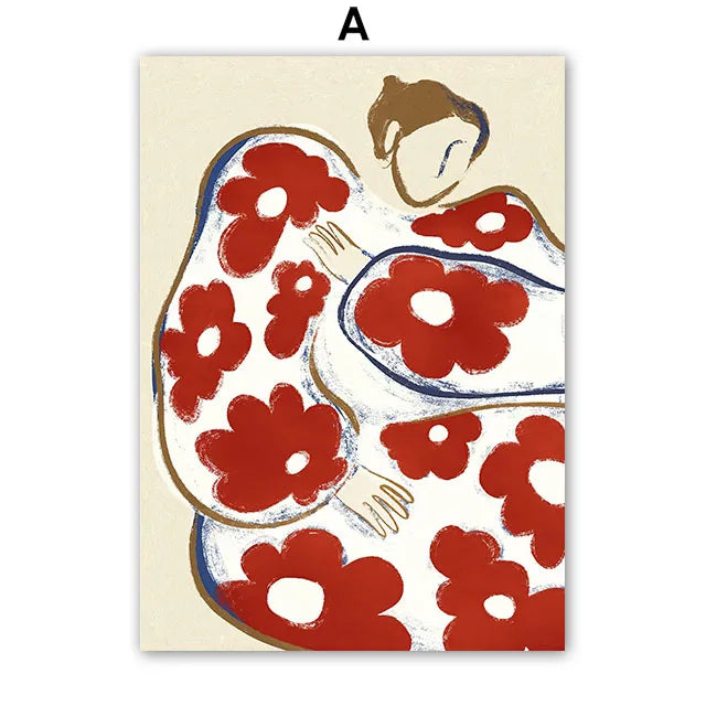 Red Striped Girl Flower Cat Coffee Abstract Posters And Prints Wall Art