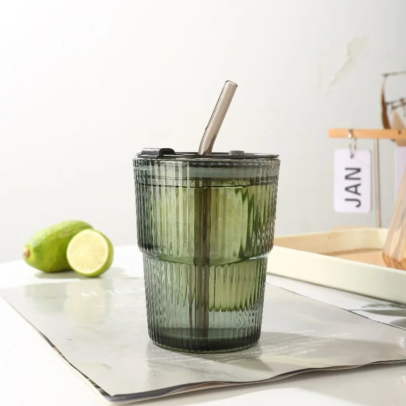 Transparent Glass Cup High Aesthetic Value Vertical Stripes Bamboo Joints Coffee Cup with Lid and Straw Home Portable Water Cup