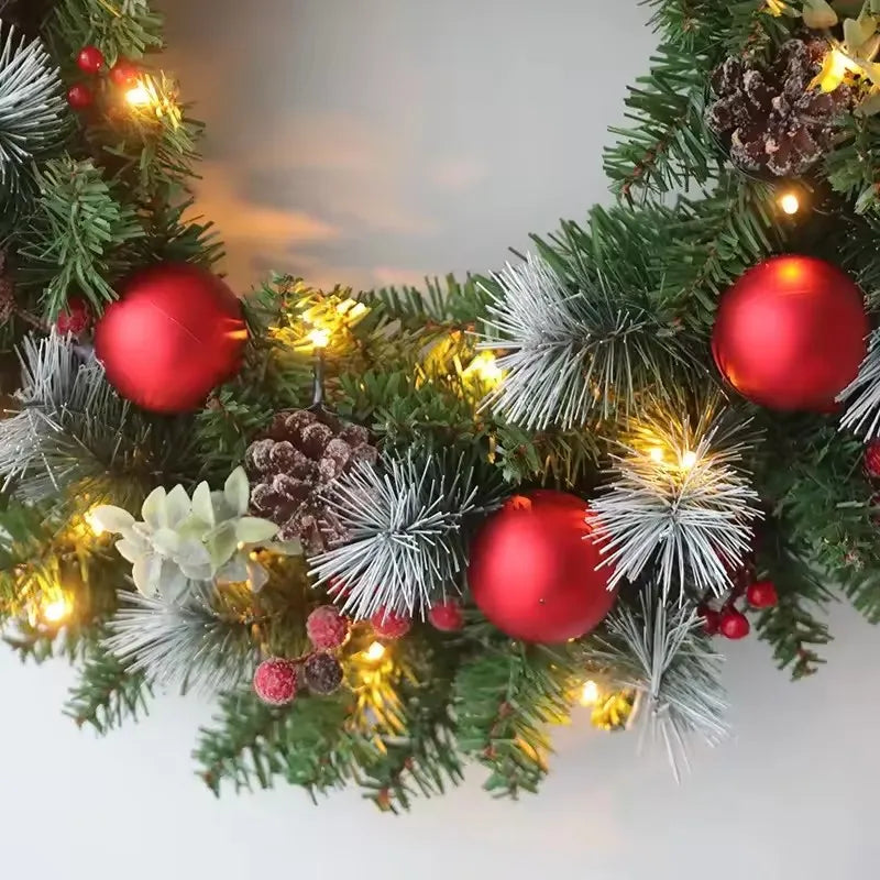 20-60cm Christmas Wreath with LED Fairy Light Door Hanging Garland Pine for Home Decorations Xmas Party Supplies Happy New Year