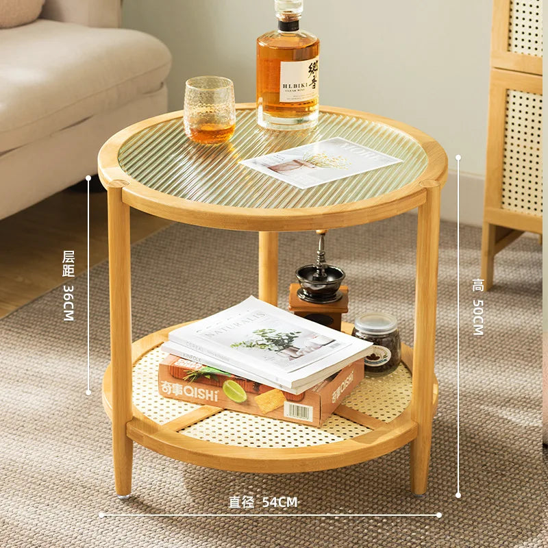 Round coffee table tea table living room household tea table light luxury modern small apartment solid wood bedroom glass