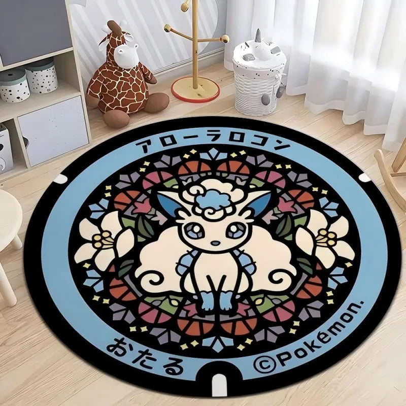 MINISO Japanese Anime Pokemon Round Rugs Non-Slip Floor Mat for Home Living Room Bedroom Circle Rug Washable Round Carpet Decor