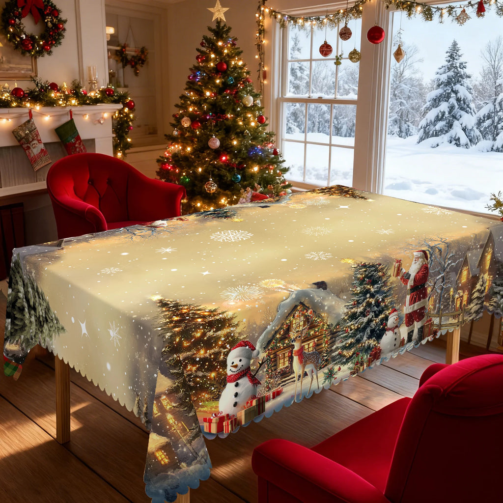 1 Piece of Christmas-Themed Gold-Printed Tablecloth, Vintage Style