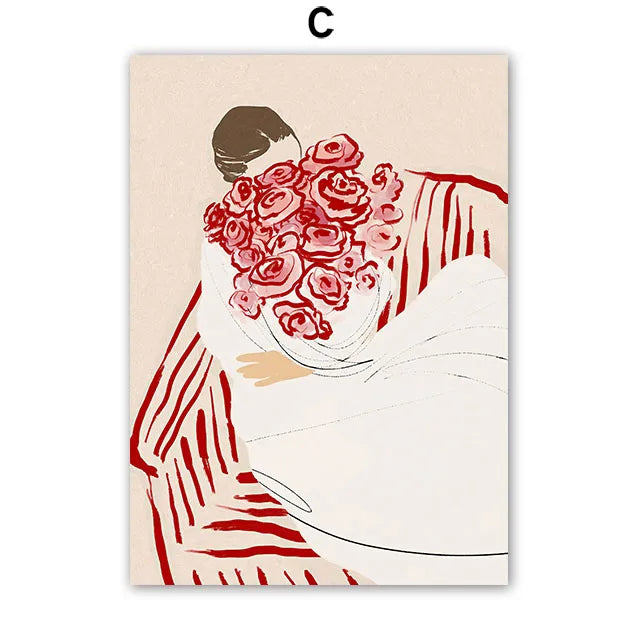 Red Striped Girl Flower Cat Coffee Abstract Posters And Prints Wall Art