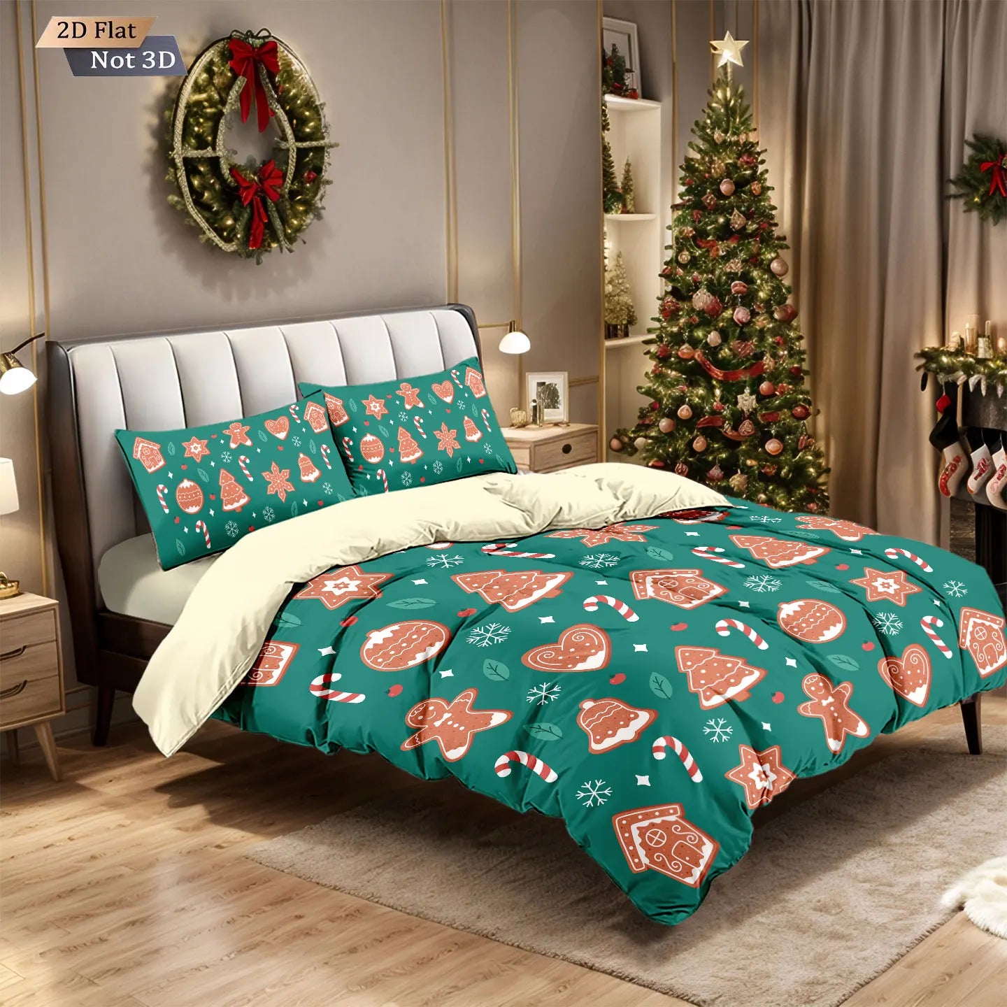 3pcs Merry Christmas Green Printed Chipless Quilt Set, Multi Size Soft Dormitory Bedding, Holiday Decoration Machine Washable