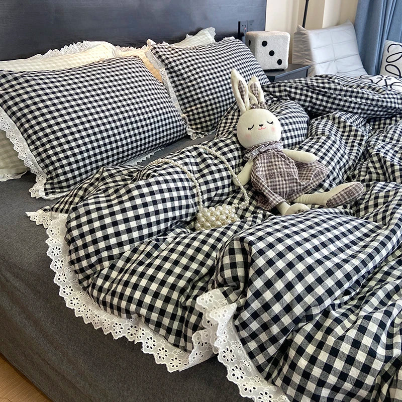 3pcs Black white plaid Duvet cover set (1*Duvet Cover + 2*Pillowcase, Without Core), lace Bedding Set, Soft Comfortable
