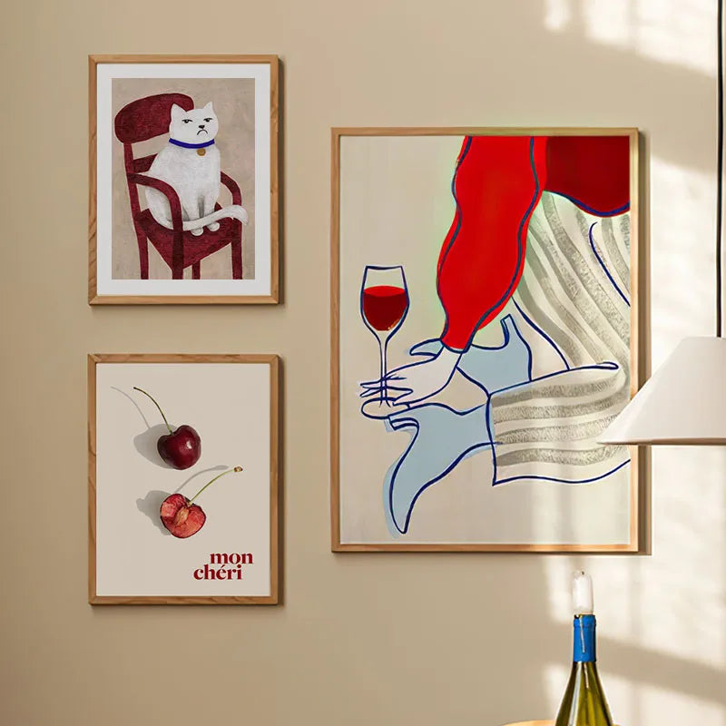 Red Striped Girl Flower Cat Coffee Abstract Posters And Prints Wall Art