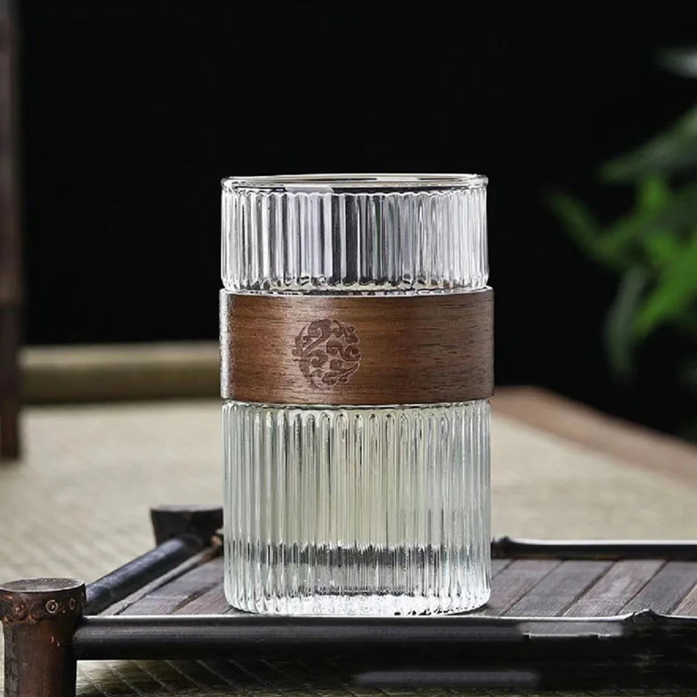 400ML Glass Water Cup with Walnut Cup Sleeve Coffee Milk Tea Cup Simple Striped Beer Mug Drinkware Coffeeware