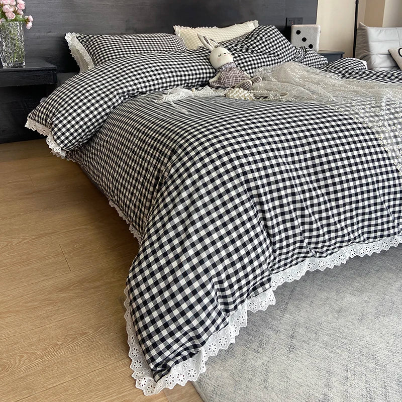 3pcs Black white plaid Duvet cover set (1*Duvet Cover + 2*Pillowcase, Without Core), lace Bedding Set, Soft Comfortable