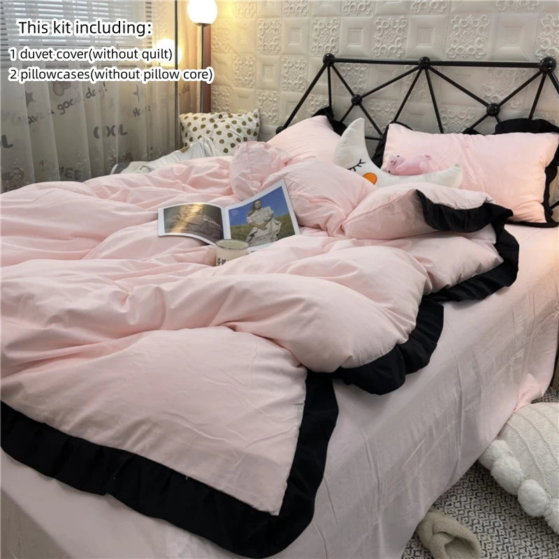 3pcs Pink Duvet Cover Set (1*Duvet Cover + 2*Pillowcase, Without Core), Lace embroidery Bedding Set