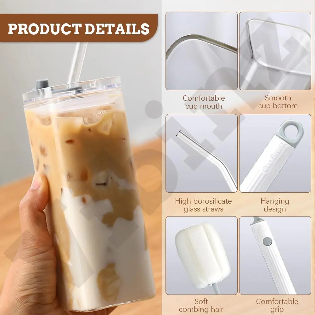 Square Glass Cups with Lids and Straws, Water Glasses Coffee Mug,Lids/Straws Included for Cocktail, Coffee, Juice, Beer