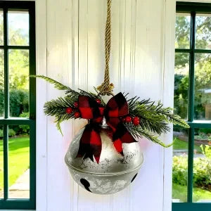 Giant Christmas bell ornaments with ribbons, Christmas tree hanging bell balls, for festive winter farm style decoration.