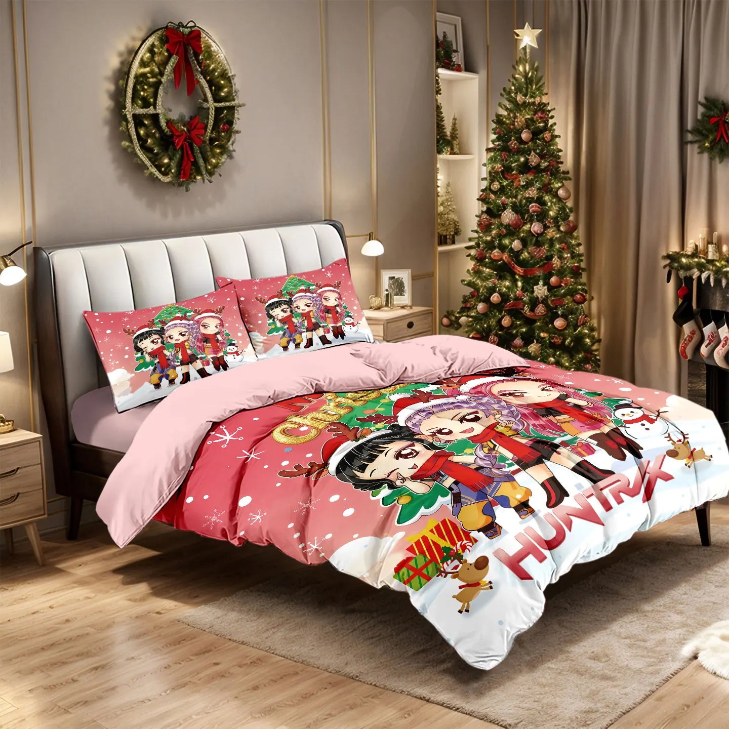3pcs K-Pop Demon Hunters Merry Christmas Printed Chipless Quilt Set Bedroom Dormitory Machine Washable