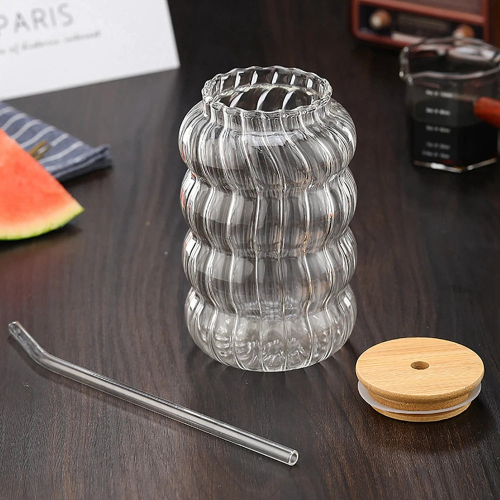 Drinking Glasses with Bamboo Lids and Glass Straw Iced Coffee Glasses Cute Tumbler Cups for Soda Juice Boba Drinks Bar Cafe