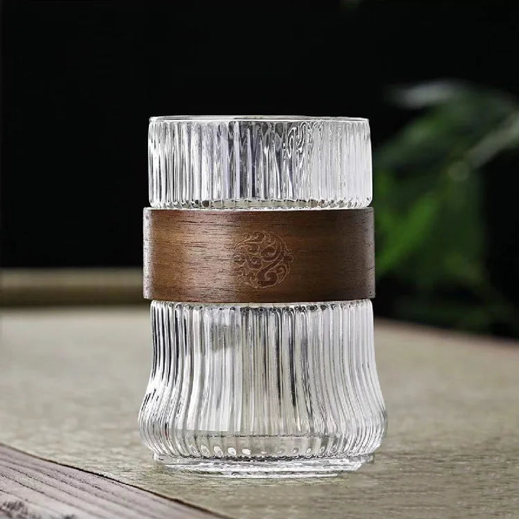 400ML Glass Water Cup with Walnut Cup Sleeve Coffee Milk Tea Cup Simple Striped Beer Mug Drinkware Coffeeware