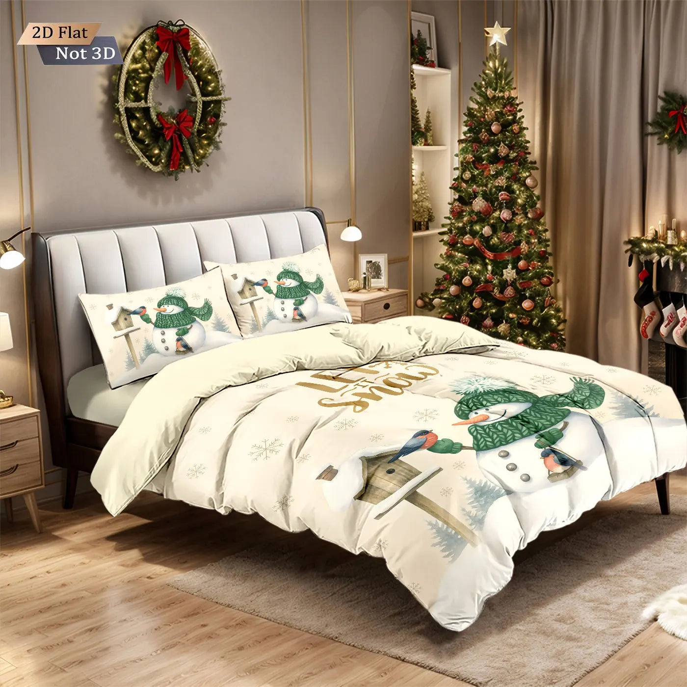 3pcs Merry Christmas cartoon snowman printed coreless down comforter set, multi size bedroom bedding decoration machine washable