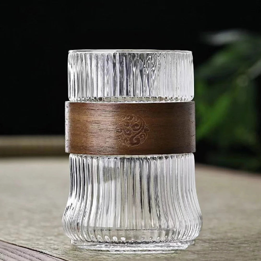 400ML Glass Water Cup with Walnut Cup Sleeve Coffee Milk Tea Cup Simple Striped Beer Mug Drinkware Coffeeware