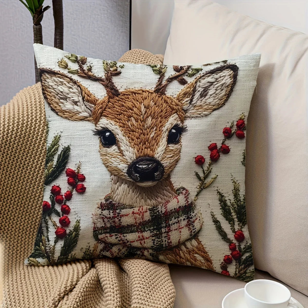 Christmas Reindeer Plush Pillow Cover 18x18