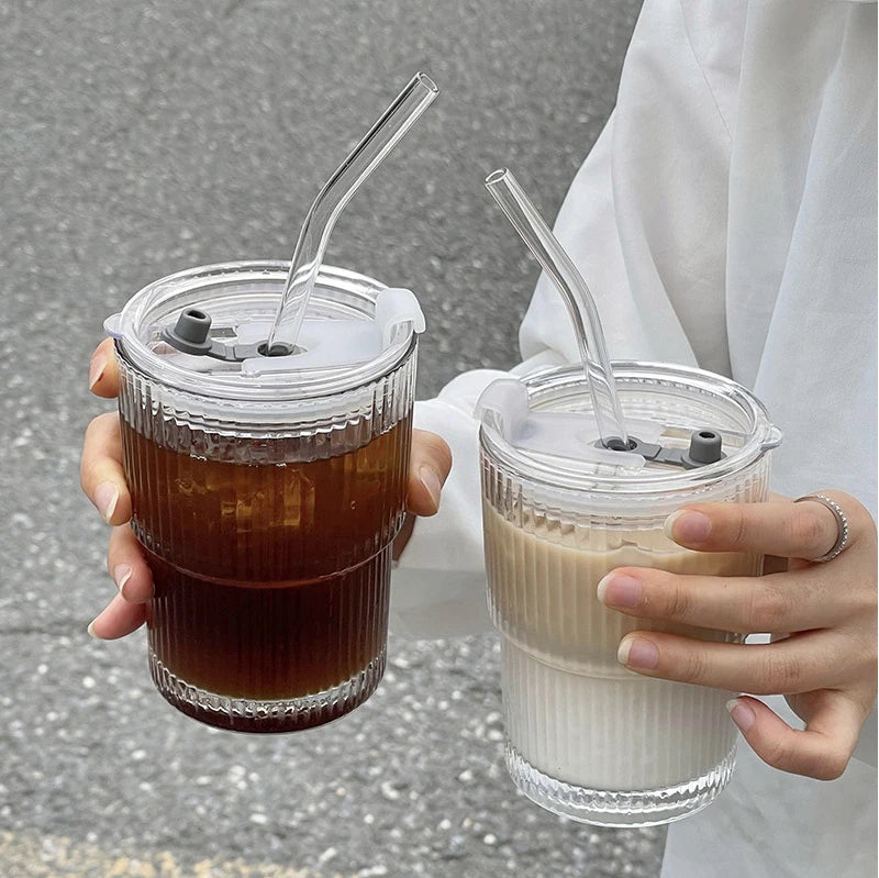 Transparent Glass Cup High Aesthetic Value Vertical Stripes Bamboo Joints Coffee Cup with Lid and Straw Home Portable Water Cup