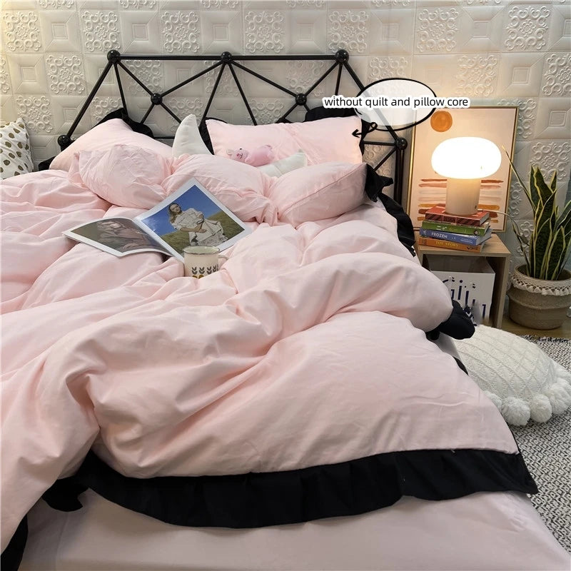 3pcs Pink Duvet Cover Set (1*Duvet Cover + 2*Pillowcase, Without Core), Lace embroidery Bedding Set