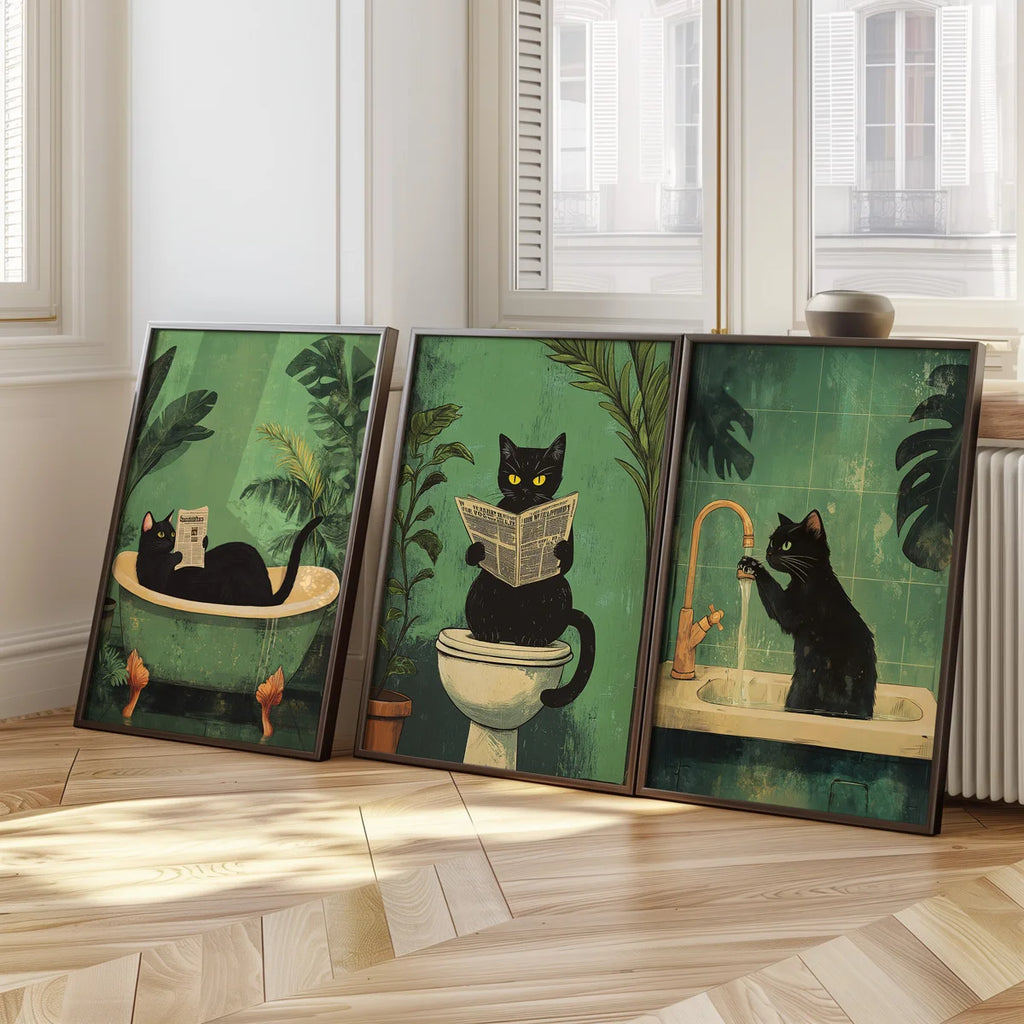 Set of 3 Funny Black Cat Bathroom Wall Art Prints