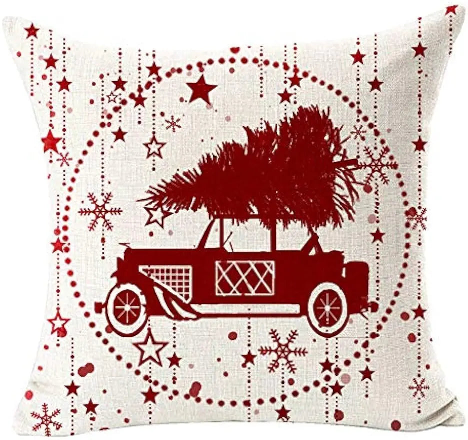 Merry Christmas Snowflake Ball Red Car with Tree Deer Happy Winter Linen Pillowcase Cushion Sofa Living Room