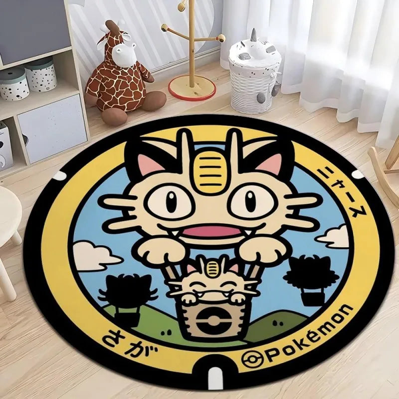 MINISO Japanese Anime Pokemon Round Rugs Non-Slip Floor Mat for Home Living Room Bedroom Circle Rug Washable Round Carpet Decor