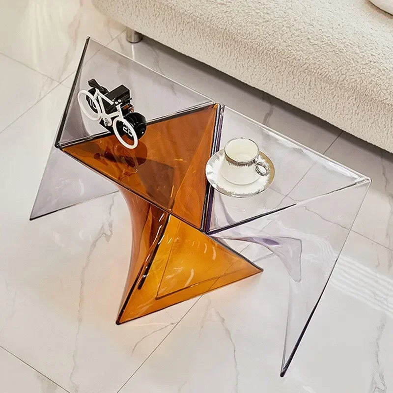 Transparent Geometric Coffee Table, Minimalist Designer Corner Table, Acrylic Sofa, Living Room