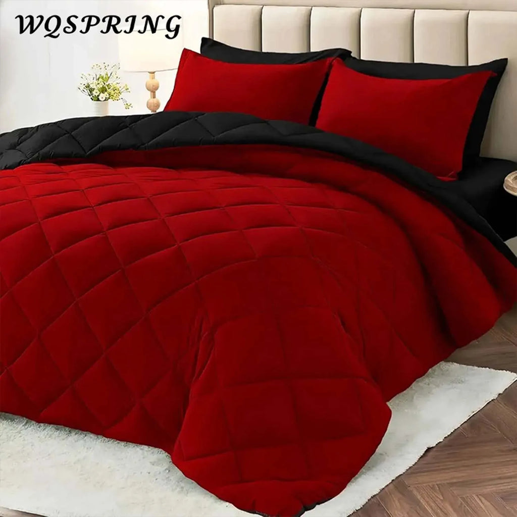 WQSPRING 3pcs Reversible Comforter Set All Season Bedding Set Comforter Pillow Shams Red Black Down Alternative Duvet Insert