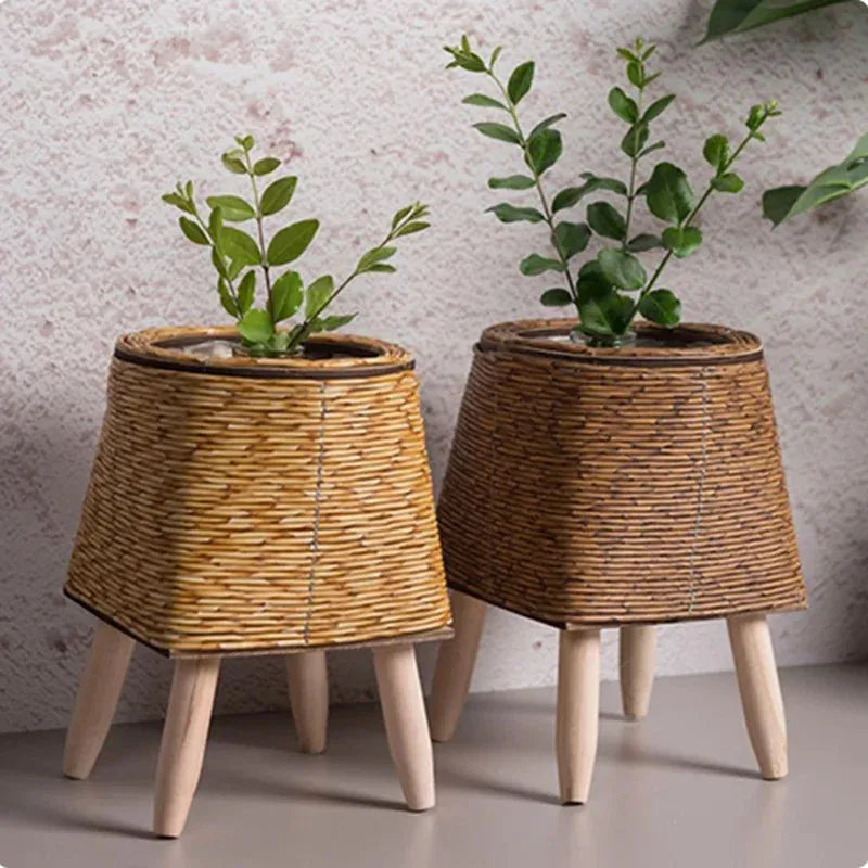 Fashion Rattan Woven Flower Pot Creative Flower Planters With Removable Legs Durable Hand Wove Plant Stand