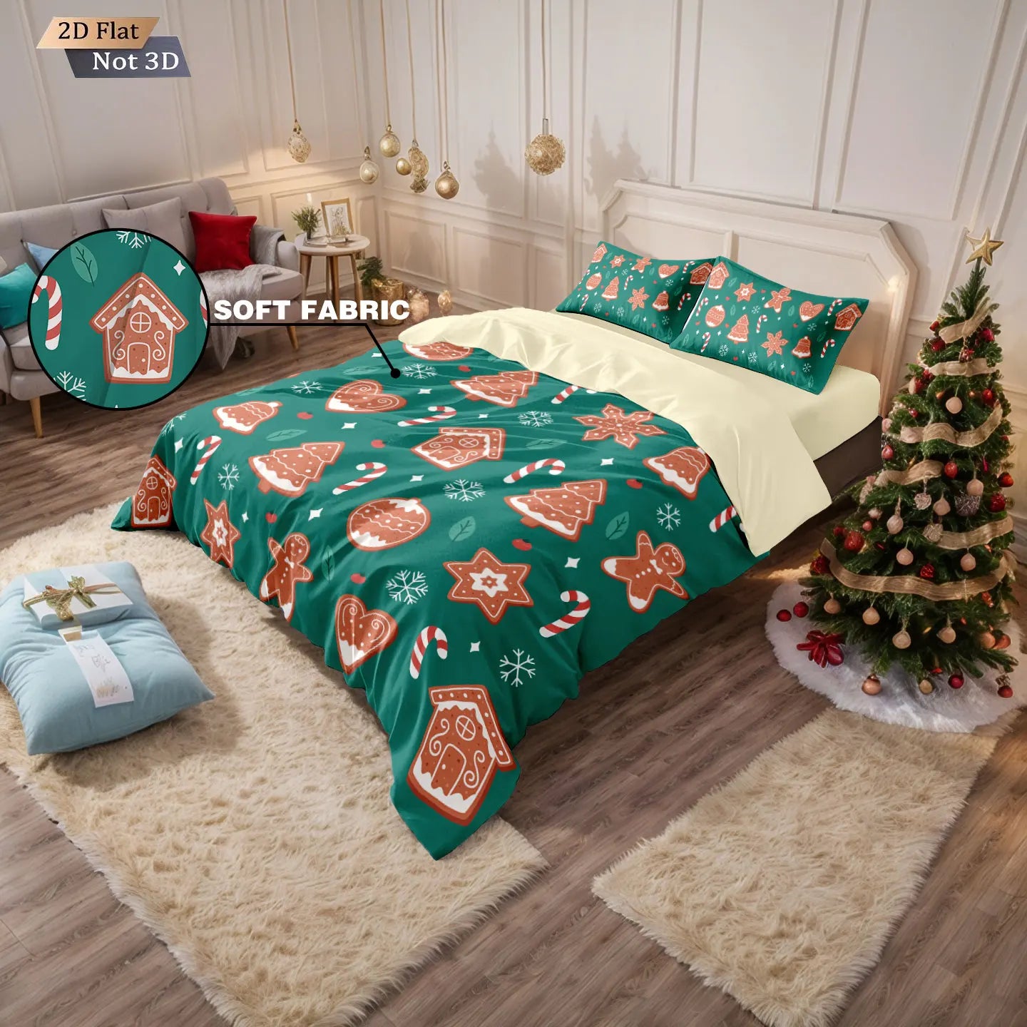 3pcs Merry Christmas Green Printed Chipless Quilt Set, Multi Size Soft Dormitory Bedding, Holiday Decoration Machine Washable