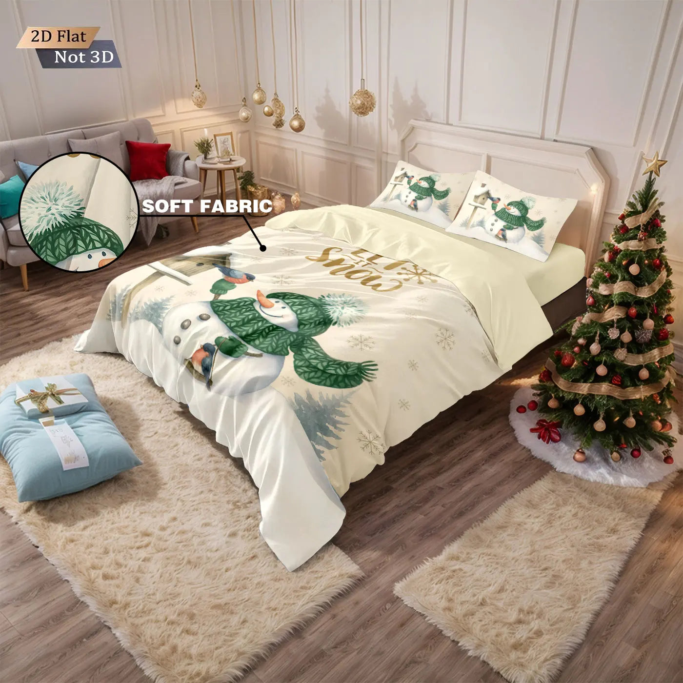 3pcs Merry Christmas cartoon snowman printed coreless down comforter set, multi size bedroom bedding decoration machine washable