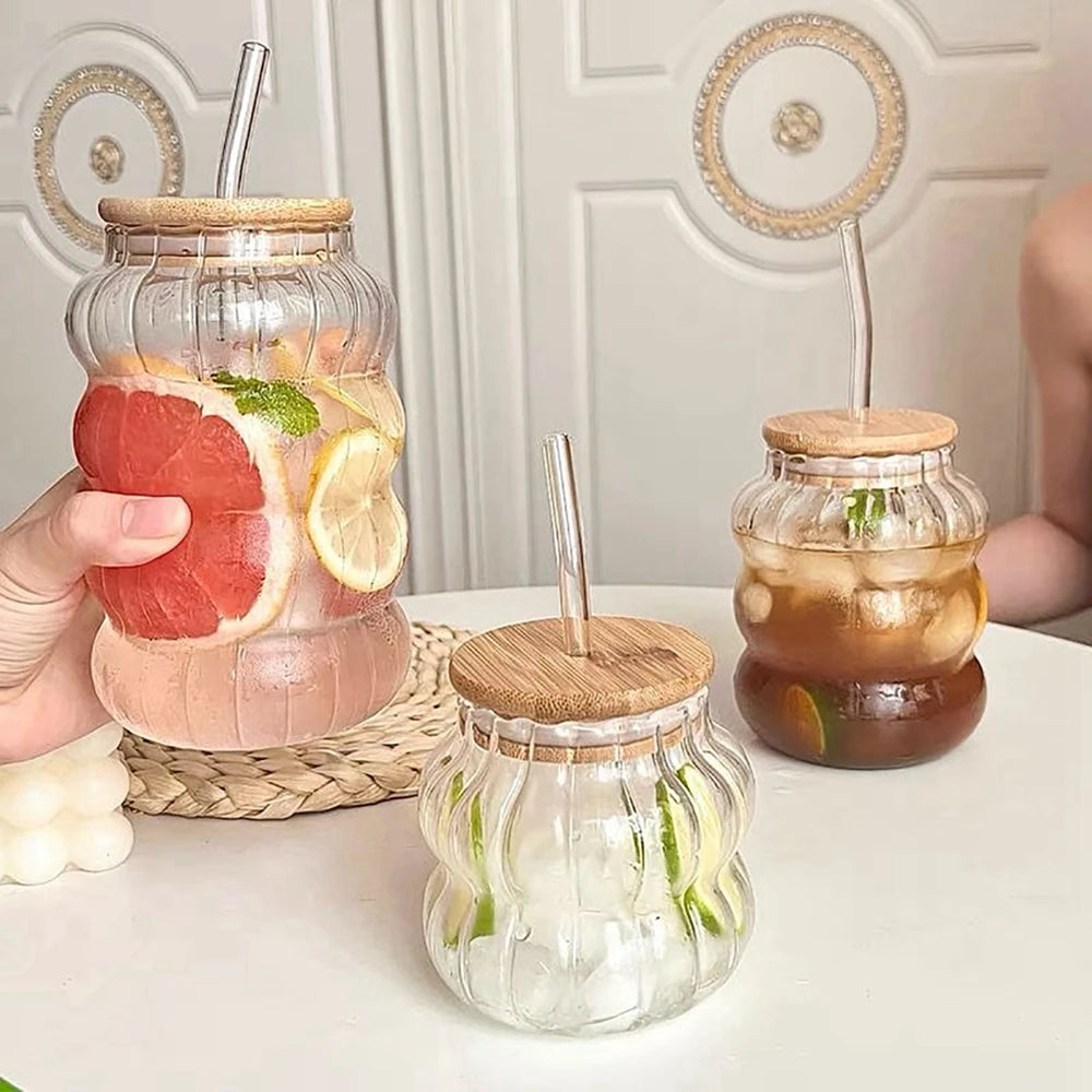 Drinking Glasses with Bamboo Lids and Glass Straw Iced Coffee Glasses Cute Tumbler Cups for Soda Juice Boba Drinks Bar Cafe
