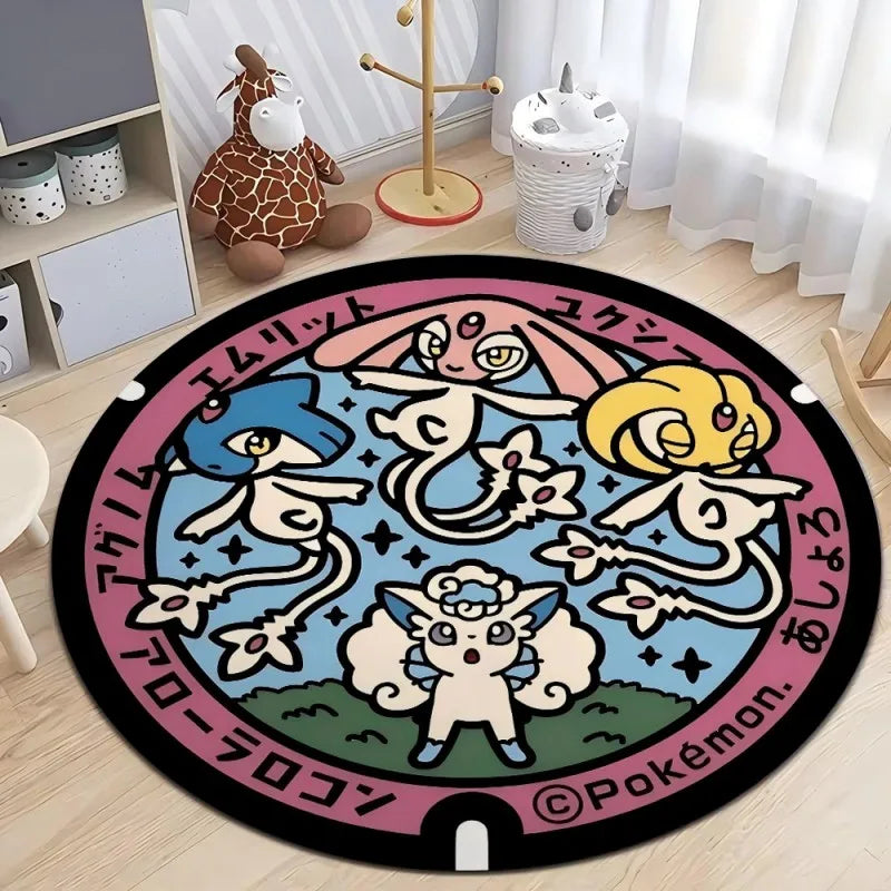 MINISO Japanese Anime Pokemon Round Rugs Non-Slip Floor Mat for Home Living Room Bedroom Circle Rug Washable Round Carpet Decor