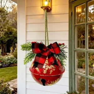 Giant Christmas bell ornaments with ribbons, Christmas tree hanging bell balls, for festive winter farm style decoration.