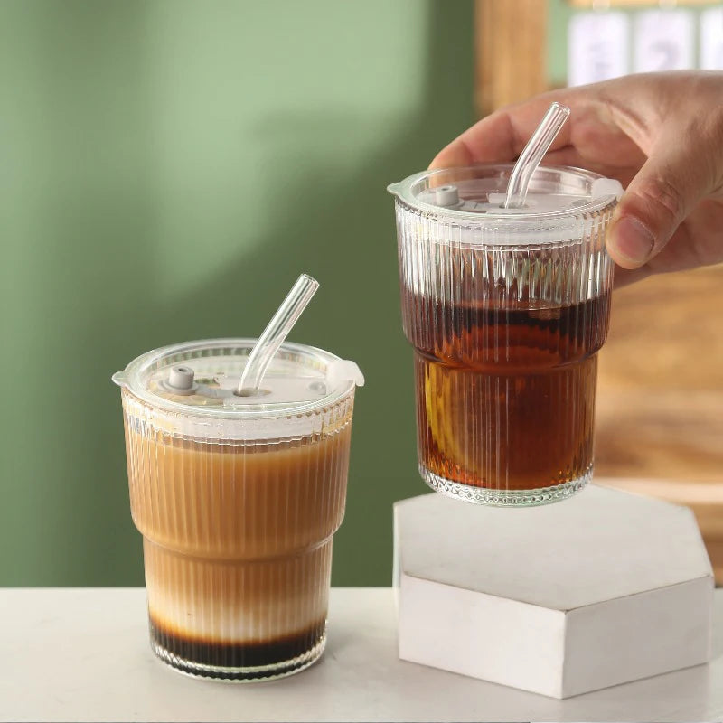 Transparent Glass Cup High Aesthetic Value Vertical Stripes Bamboo Joints Coffee Cup with Lid and Straw Home Portable Water Cup