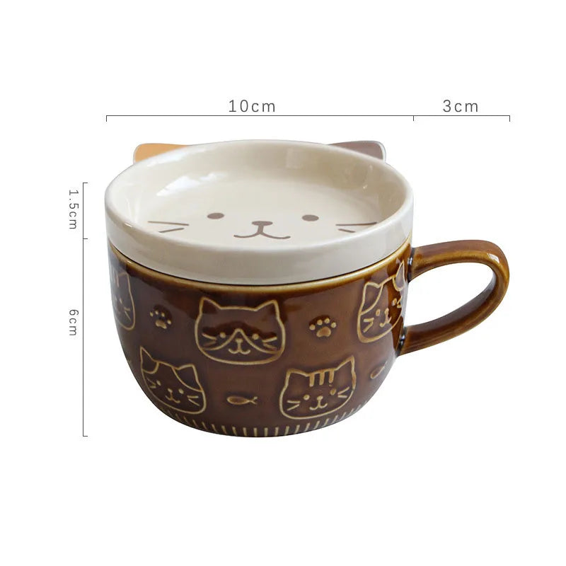 Japanese Cartoon Cat With Cover Coffee Cup Cute Breakfast Cup Creative Coffee Cup Milk Cup Couple Water Cup With Lid