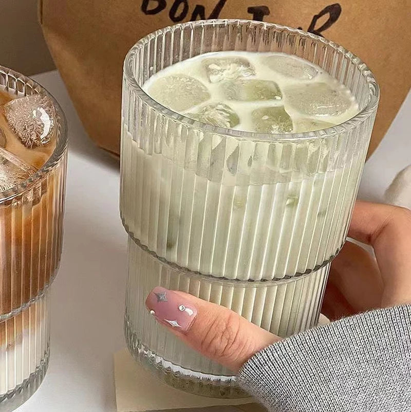 Transparent Glass Cup High Aesthetic Value Vertical Stripes Bamboo Joints Coffee Cup with Lid and Straw Home Portable Water Cup