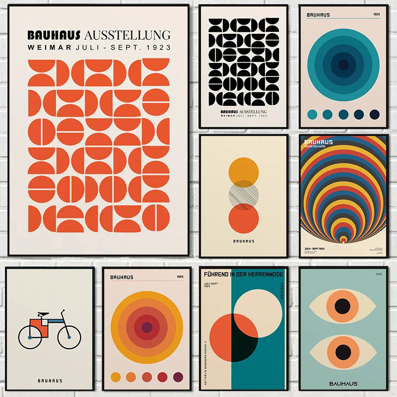 Abstract Orange Bauhaus Geometric Poster Pop Art Sunrise & Bicycle Wall Art Prints for Modern Living Room Dormitory Home Decor